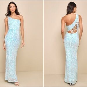 LULU's Prom Wedding Special Event Floral Sequins Lace Up Back Mermaid Gown